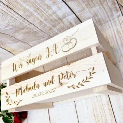 Clearance Präsentkorb, Hochzeit, Hochzeitsgeschenk mit persönlicher Wunschgravur Hochzeitsdeko