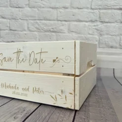 Clearance Präsentkorb, Hochzeit, Safe the Date, Hochzeitsgeschenk mit persönlicher Wunschgravur Hochzeitsdeko