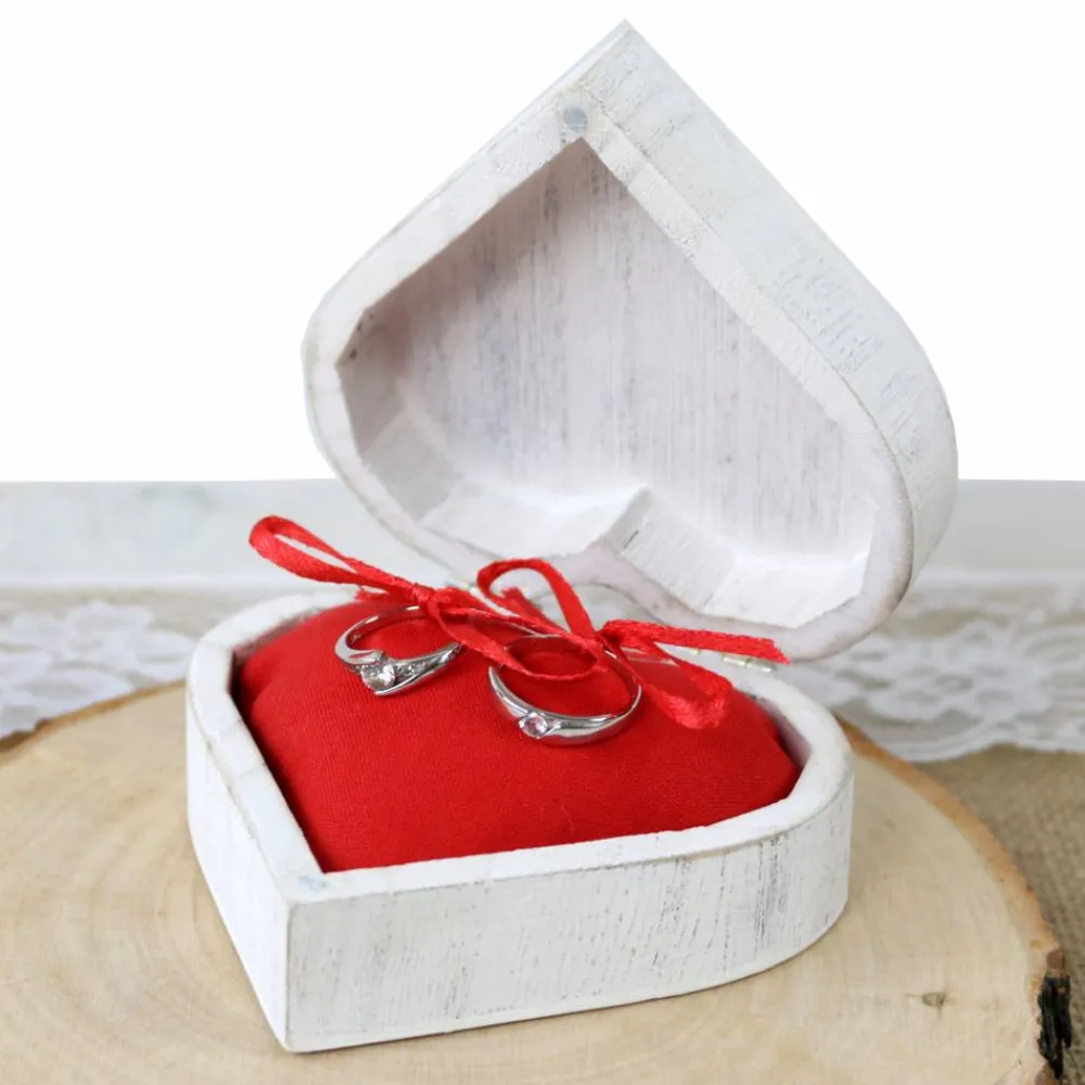 Clearance RINGBOX aus HOLZ Vintage Herz Ringkissen Shabby Chic Weiß + GRAVUR Rustikale Hochzeit Ringkästchen für Eheringe Ringschatulle Personalisiert Ringkissen