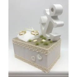 Sale Ringkissen, maritim, komplett aus Holz, weiß/creme mit Anker Ringkissen