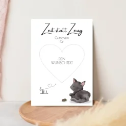 Outlet Rubbelgutschein Rubbelkarte "Zeit statt Zeug" | Wunschtext mit Katzenmotiv und Rubbelherz Gutscheine