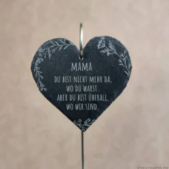 Best Schieferherz Grabschmuck mit Gravur, individueller Grabstecker mit Wunschtext, Gedenktafel mit Blumen-Motiv Gedenksteine