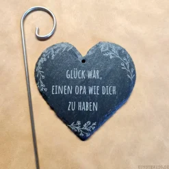 Best Schieferherz Grabschmuck mit Gravur, individueller Grabstecker mit Wunschtext, Gedenktafel mit Blumen-Motiv Gedenksteine