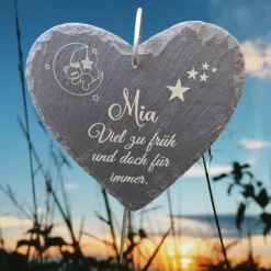 Sale Schieferplatte Herz, Grabschmuck personalisiert, Gedenktafel, Bärchen mit Mond und Sterne Gedenksteine