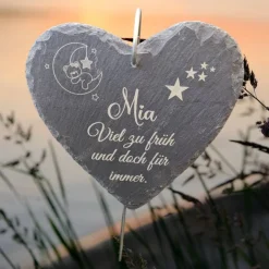 Sale Schieferplatte Herz, Grabschmuck personalisiert, Gedenktafel, Bärchen mit Mond und Sterne Gedenksteine
