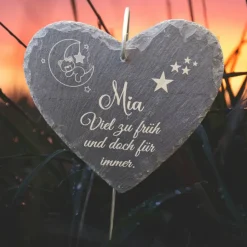 Sale Schieferplatte Herz, Grabschmuck personalisiert, Gedenktafel, Bärchen mit Mond und Sterne Gedenksteine