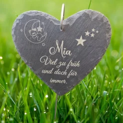 Sale Schieferplatte Herz, Grabschmuck personalisiert, Gedenktafel, Bärchen mit Mond und Sterne Gedenksteine