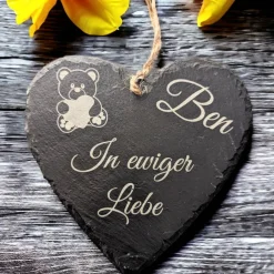 Outlet Schieferplatte Herz, Grabschmuck personalisiert, Gedenktafel, Bärchen mit Herz Gedenksteine