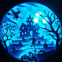 Deko Halloween|Flockiplotti Schöne Lampe mit 3D Bild Halloween inkl. Farbwechsel Shadowbox.