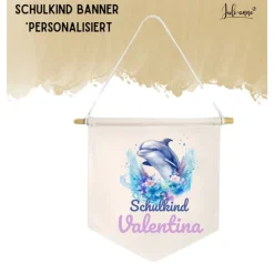 Sale Schulkind Deko Leinwandbanner personalisiert - Aqua Delfin 1 Kinder Einschulung