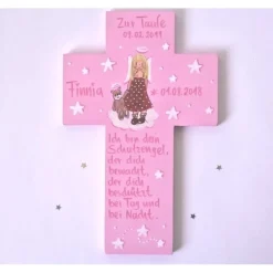 Clearance Schutzengelkreuz Mädchen – Handbemaltes Taufkreuz aus Holz als Taufgeschenk & Geburt Geschenke