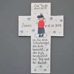 Clearance Schutzengelkreuz Taufgeschenk Junge – Personalisiertes Holzkreuz 22 x 14 cm handbemalt Geschenke