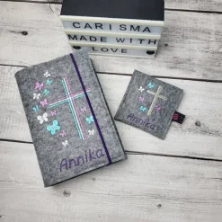 Sale Set Gotteslobhülle Schmetterlinge mit Rosenkranztasche Lilatöne Gotteslobhülle