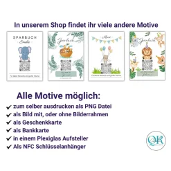 Online Sparbuch mit QR-Code – personalisierte Geschenkidee zur Taufe, Geburt oder Einschulung | Handmade | Einhorn Geldgeschenke