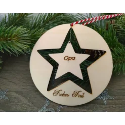 Baumschmuck Personalisierbar|Hübsches Aus Holz Stern-Anhänger/Holzmobile "Frohes Fest", graviert, mit Name personalisiert
