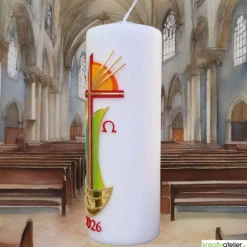 Hot Strahlen der Hoffnung - Handgefertigte Osterkerze mit Kreuz, Segelschiff, Sonne, Alpha&Omega, Osterkerze religiös Osterkerzen