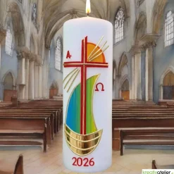 Hot Strahlen der Hoffnung - Handgefertigte Osterkerze mit Kreuz, Segelschiff, Sonne, Alpha&Omega, Osterkerze religiös Osterkerzen