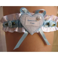 Outlet Strumpfband, Brautstrumpfband, Hochzeit, Braut, weiß, blau, Röschen, Wunschtext, Vornamen, Hochzeitsdatum, Spruch Strumpfbänder
