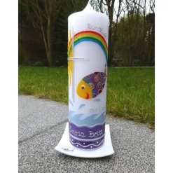 Clearance Taufkerze bunter Fisch, inkl. Beschriftungen, Sonne, Regenbogen, Kreuz, Farbwünsche möglich, Mädchen, Junge, Taufe, kath Taufkerzen