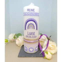 Sale Taufkerze Kommunionkerze Regenbogen Kreuz Herz Fisch Mädchen lila flieder Farbwünsche auch für Jungen inkl Wachsbeschrif Kommunionkerzen