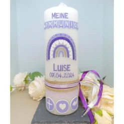 Sale Taufkerze Kommunionkerze Regenbogen Kreuz Herz Fisch Mädchen lila flieder Farbwünsche auch für Jungen inkl Wachsbeschrif Kommunionkerzen