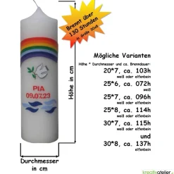 Taufkerzen|Kreativatelier A & V Taufkerze Regenbogen, Taube und Wellen, wunderschöne handverzierte Taufkerze für Jungen oder Mädchen, personalisierbar