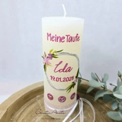 Best Taufkerze Rustikkerze Mädchen Blumenkreis elfenbein-beere perlmutt Taufkerzen