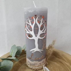 Taufkerzen|CreativAnita Taufkerze Rustikkerze mit Lebensbaum - Herzen in Roségold-Apricot