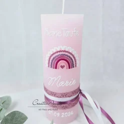 Best Taufkerze Rustikkerze Rosé verziert mit Regenbogen Herzen Taufkerzen