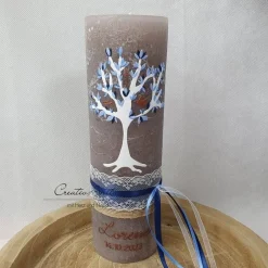 Taufkerzen|CreativAnita Taufkerze Rustikkerze Schlamm mit Lebensbaum und christlichen Symbolen Blau-Kupfer
