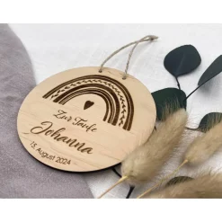 Dekoration|Niepercoolen Taufschild Namensschild aus Holz mit Regenbogen , personalisiertes Geschenk zur Taufe, 100 % FSC