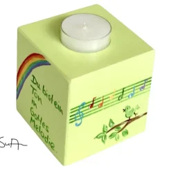 Geschenke|SuAn-Bilder Teelichthalter/Kerzenwürfel/Teelichtwürfel aus Holz "Du bist ein Ton in Gottes Melodie" zur Taufe/Kommunion/Konfirmation