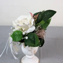 Tischgesteck mit Rose, weiß edel, Tischdeko Tischdekoration