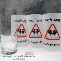 Tischlicht Lichthülle Einschulung Schulanfang "Achtung" für Zwillinge Kinder Einschulung