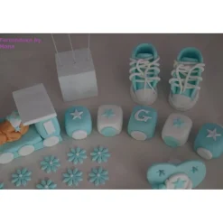 Tortendekoration|Tortendeko by Mona Tortenaufleger Fondant Zuckerfigur Zug für Taufe Tortendeko