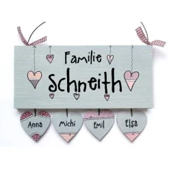 Gastgeschenke|DeinUnikat Türschild Familie aus Holz mit Name personalisiert - exklusives Hochzeitsgeschenk für das Brautpaar - besonderes Geschenk zum Hochzeitstag - individuelles Haustürschild Herzen