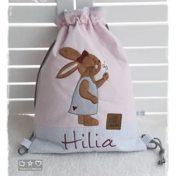 Best Turnbeutel/Rucksack rosagrau Hasenmädchen mit Pusteblume und Wunschname Kinder Turnbeutel