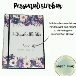 Fotoalbum & Gästebuch|Familie Glück Ultraschallbilder Mappe lila Blumen – Personalisiertes Ultraschallalbum als Geschenk zur Schwangerschaft