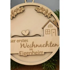 Clearance Unser erstes Weihnachten im Eigenheim Christbaumkugel aus Holz in 3D Optik für Bauherren, Andenken an erstes Weihnachten Baumschmuck