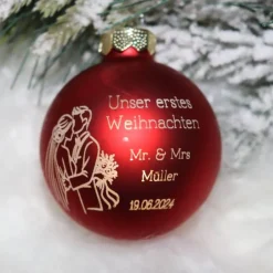 Baumschmuck Personalisierbar|HerzschlagDesign Unser erstes Weihnachten Mr & Mrs - Personalisierte Weihnachtskugel mit Lasergravur