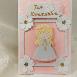 Outlet Verspielte Kommunionkarte Mädchen rosa weiß Glückwunschkarten
