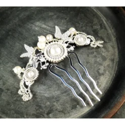 Discount verzierter Haarkamm, silber-weiss, Brautschmuck, festlich Brautschmuck