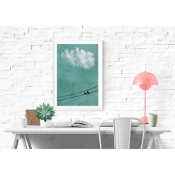 Discount Vögel auf der Stromleitung, weiße Wolke am Himmel, Fotografie und Illustration, Poster grün, Größe 45 x 30 cm oder DIN A4 Geschenke