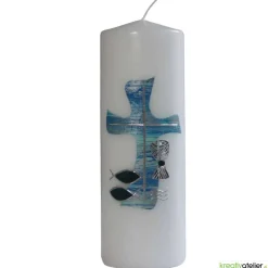 Outlet Weiße Konfirmationskerze mit blau-silbernem Kreuz, Fischen, Wellen & Kelch – personalisierbar Dekoration