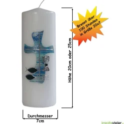 Outlet Weiße Konfirmationskerze mit blau-silbernem Kreuz, Fischen, Wellen & Kelch – personalisierbar Dekoration
