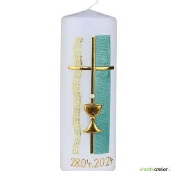 Online Weiße Konfirmationskerze mit Kelch und Kreuz – Gold verziert, personalisierbar Dekoration