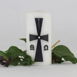 Trauerkerzen|Kreativatelier A & V weiße Trauerkerze mit byzantinischem Kreuz, schwarz/silber verziert, Gedenkkerze, Kerze zum Gedenken an Verstorbene