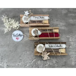 Discount Weihnachtsset, Wunscherfüller inkl. Kerzenhalter, Kerze nach Wahl in Holzverpackung, Kleinigkeit, Holzanhänger Geldgeschenke