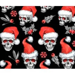 Hot Weihnachtsstoff Totenkopf mit Nikolausmütze – Baumwollstoff Skulls rot weiß schwarz Meterware Weihnachtsstoffe