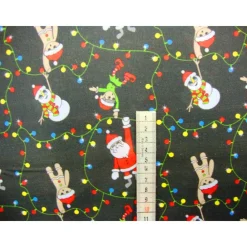 Discount Weihnachtsstoffe Baumwolle Meterware – Lichterkette Nikolaus Schneemann Elfen Lebkuchenmann – Webware Schwarz Bunt Weihnachtsstoffe